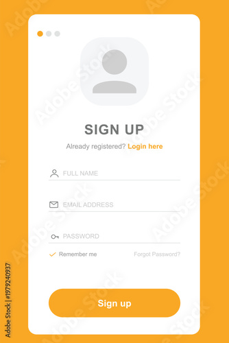 A mobile phone screen displaying a simple sign up form on a bright orange background