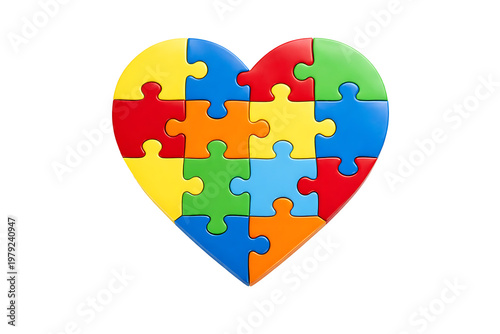 Multicolor puzzle pieces forming a heart shape on dark background, representing community support, mental health, problem solving, and compassionate relationship concepts