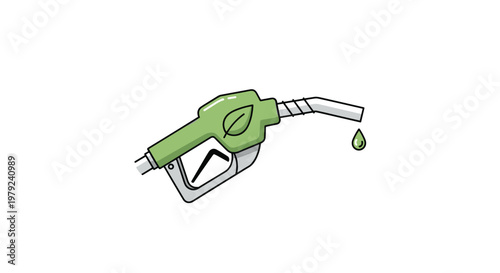 A green fuel pump nozzle with a prominent leaf icon drips a single drop of liquid from its tip against a plain white background for eco concepts.