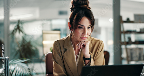 Photography Laptop, reading and research with business woman in office for planning, email marketing and journalist