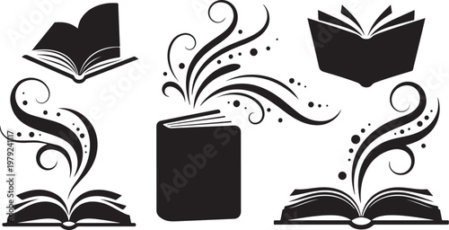 Black and White Open Book Silhouette Illustrations