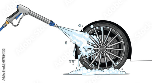 Intense pressurized water nozzle blasts thick white cleaning foam onto a detailed alloy car wheel rim in a sterile workshop environment with cool colors.