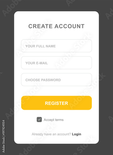 A registration form on a website with a white background and yellow button