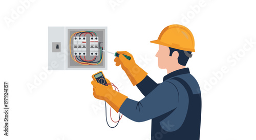 Professional electrician uses a digital multimeter to inspect a residential circuit breaker panel in a bright home interior with warm safety gear colors.