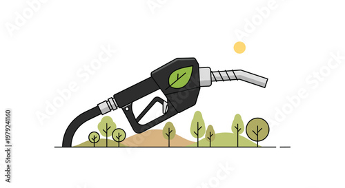 A black fuel pump nozzle featuring a green leaf icon hovers above a stylized landscape of small trees and rolling hills on a clean white background.