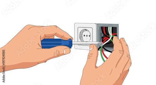 Precise hands utilize a blue screwdriver to fasten electrical wires within a wall socket housing in a bright modern setting with clean aesthetic design.