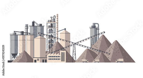 Large industrial cement plant complex features towering silos and intersecting conveyor belts in a busy quarry setting with bright soft natural lighting.