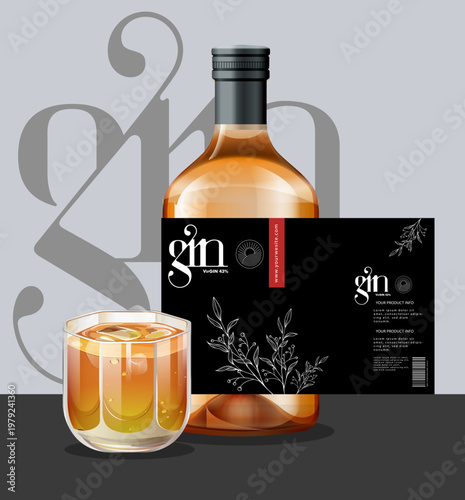 Gin bottle, glass, and packaging, amber liquid, black label, advertising, beverage, drink, alcohol