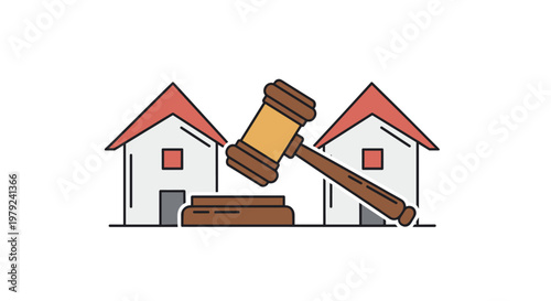 Wooden judge's gavel rests on a solid sound block between two simple house icons in a clean minimalist legal setting with soft natural color accents.