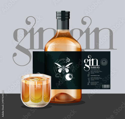 Gin bottle, glass, and packaging, whiskey drink, alcohol beverage, vector illustration