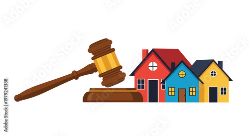 Large wooden judge's gavel sits beside three colorful residential house models in a clean minimalist real estate auction setting with bright lighting.