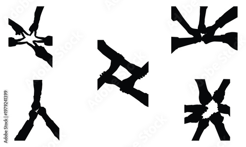 Set of human silhouettes of hands together in group forming star circle and square shapes symbolizing teamwork unity cooperation partnership success support leadership and strength