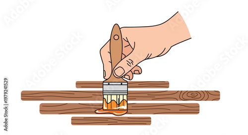 Human hand holds a wooden brush to apply a warm orange-toned finish onto a series of parallel wooden slats in a clean and bright minimalist art graphic.