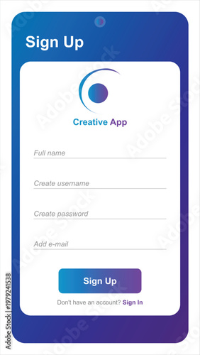 A smartphone screen displaying a sign up page for a mobile app with a blue and purple gradient background