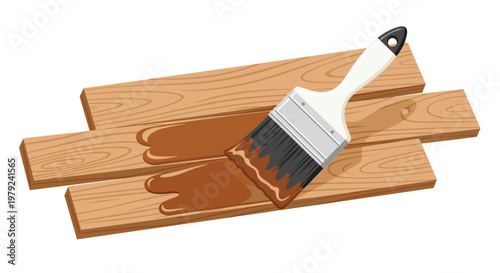 White-handled paintbrush spreads a thick layer of brown wood stain across a stack of three wooden boards in a sharp and professional isometric illustration.