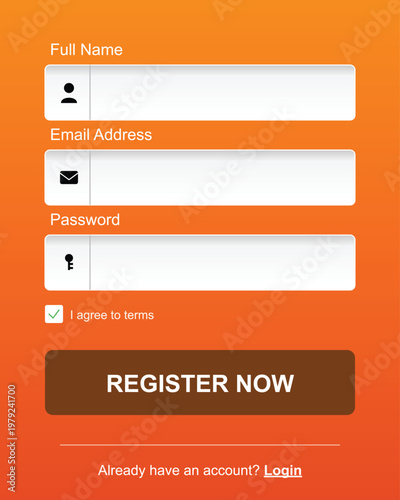 A vibrant orange webpage with a registration form and a prominent call-to-action button