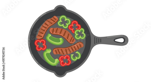 Savory grilled sausages and vibrant bell pepper rings sizzle inside a heavy black cast iron skillet set against a clean and minimalist white background.