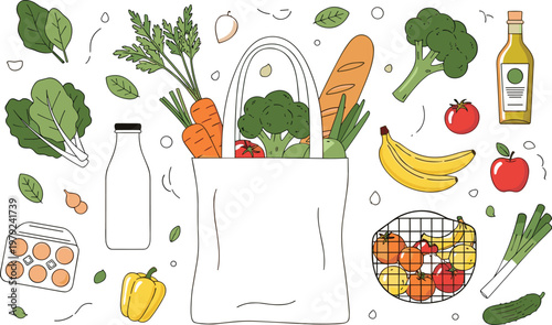 Eco Friendly Grocery Shopping Bag with Fresh Vegetables Fruits Bread Milk and Organic Food Products for Sustainable Lifestyle Illustration.