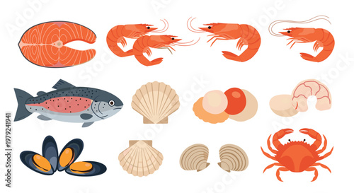 Diverse assortment of fresh seafood including salmon steaks and succulent shrimp alongside scallops and mussels is arranged neatly on a clean white backdrop.