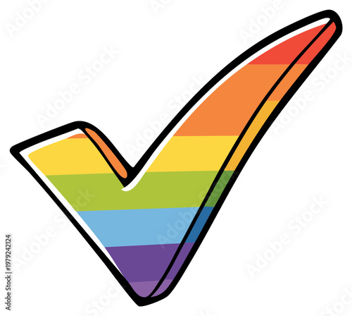 Rainbow check mark vector for LGBTQ+ Pride affirmation and acceptance, colorful LGBTQ symbolic marker of inclusiveness