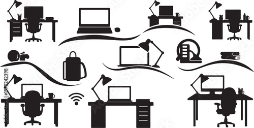 Office Workstations and Productivity Icons Set Vector