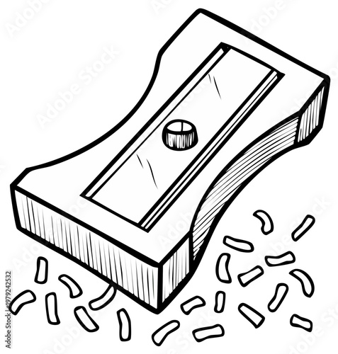 Hand-Drawn Illustration of a Manual Pencil Sharpener Surrounded by Shavings