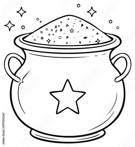 Whimsical outline of a magical cauldron filled with sparkling potion and adorned with a star