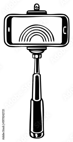 Selfie stick with mobile phone and rainbow on display device for self portrait