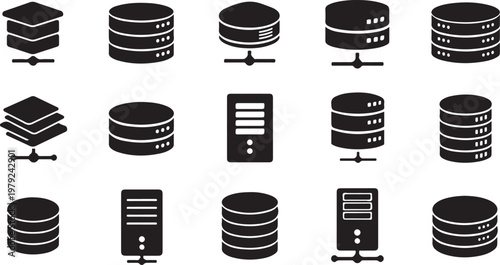 Database storage icons set in black and white