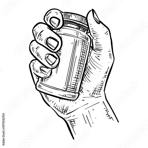 hand holding medicine pill bottle vector line art hand drawn illustration