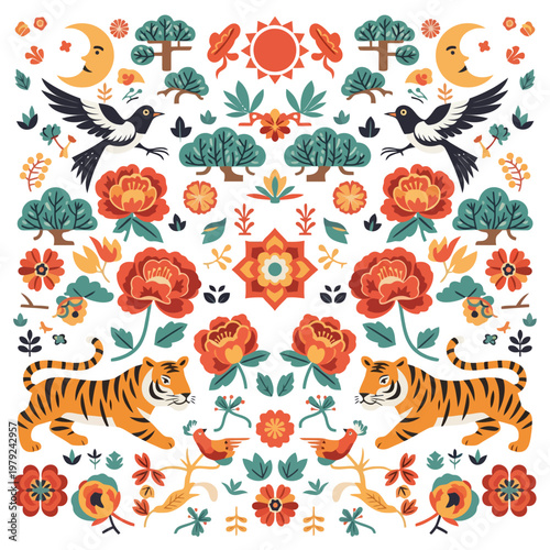 Korean Folk Art Symmetrical Pattern with Tigers and Birds