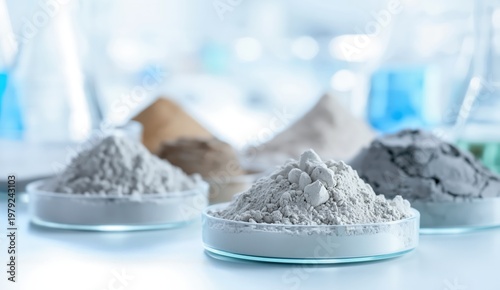 Several piles of fine grey powder samples displayed in clear glass petri dishes on a bright surface.