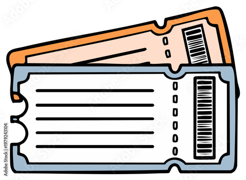 Two blank paper tickets with perforated edges and barcode illustrations