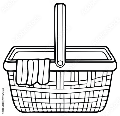 Outlined woven picnic basket with handle and blanket