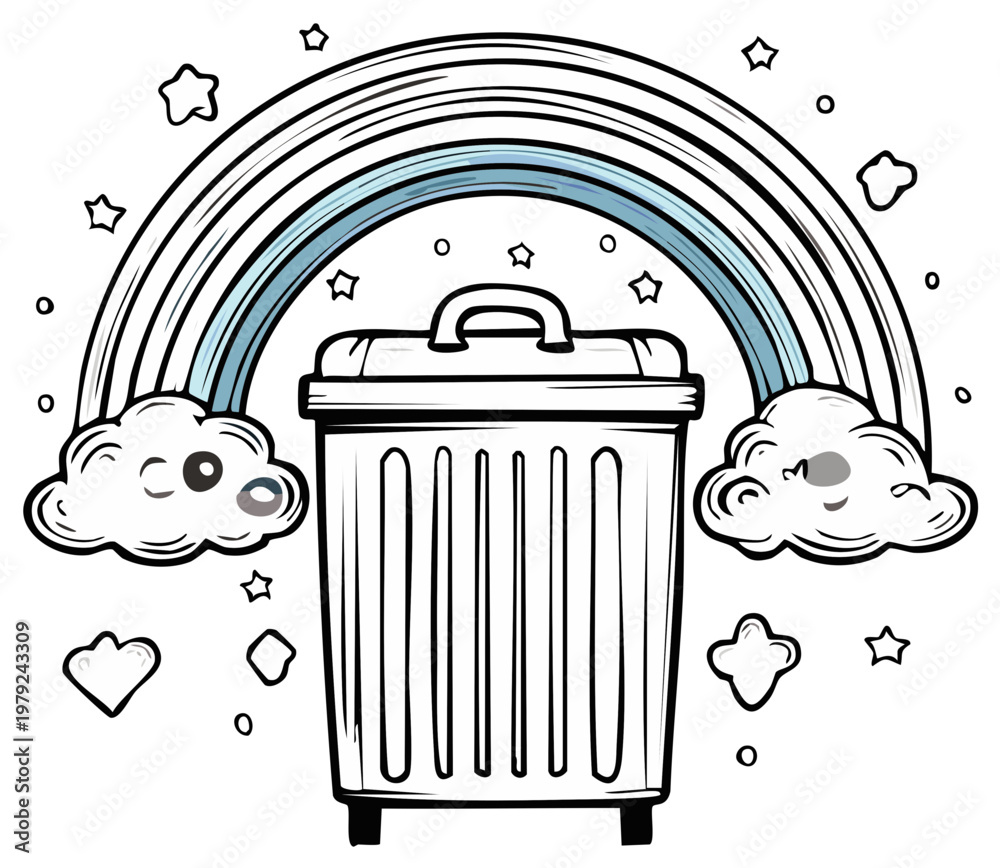 Obraz premium Cartoon trash can under a rainbow with clouds and stars, cheerful illustration