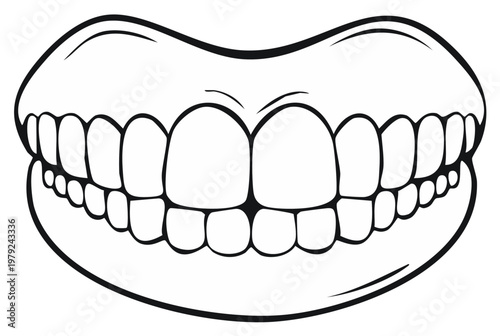 Cartoon line art of a smiling mouth with teeth, showing oral hygiene concept.