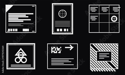 Hand-drawn set of industrial warning labels technical specification sheets and digital user interface screen illustration