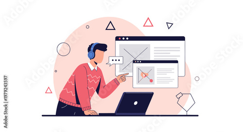 Man with headphones and laptop, pointing at website design on screen, online support concept