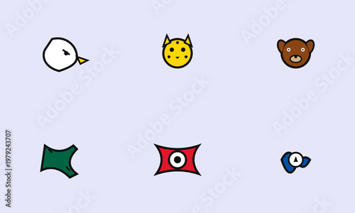 Hand-drawn minimalist animal icons and geometric shapes featuring bear cat and bird heads for modern brand authentic illustration