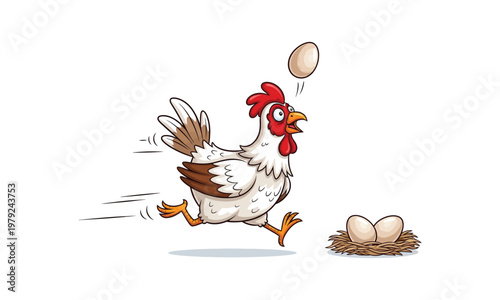 Funny cartoon chicken running after a flying egg to its nest with eggs.