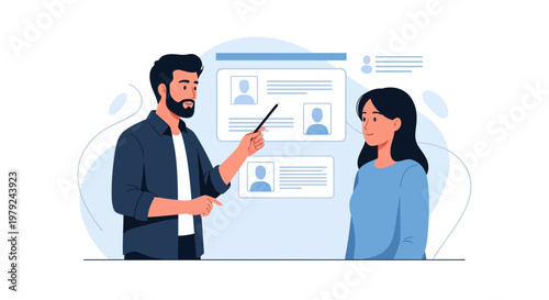 Man presenting job candidates on screen to a woman, recruitment concept