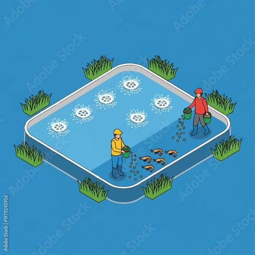 Two workers feeding fish in a pond.