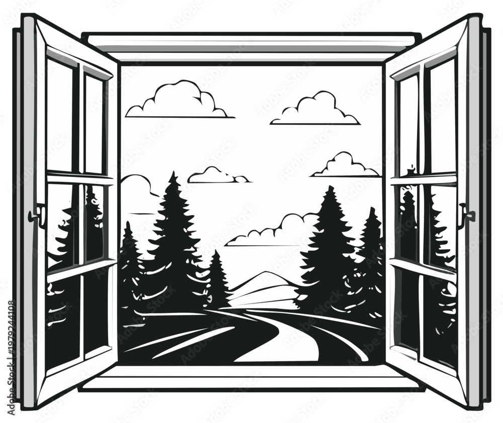 Fototapeta premium Open window revealing a scenic landscape with pine trees, a winding road, and mountains