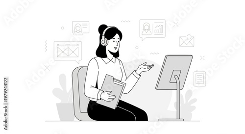 Customer service agent with headset and computer, online support, business concept illustration