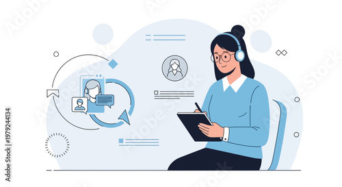 Customer service agent with headset and notepad, digital communication concept