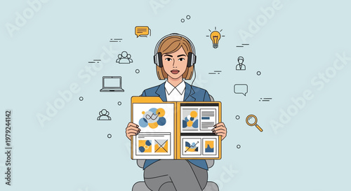 Customer service agent with headset and presentation folder, online support and business concept