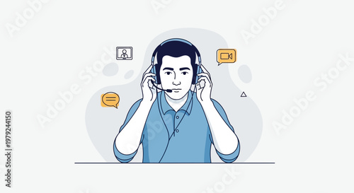 Customer service agent with headset, video call icons, chat bubbles, online communication concept