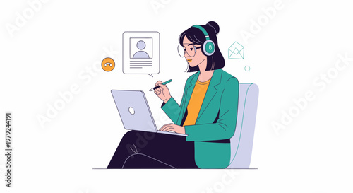 Customer Service Operator with Headphones and Laptop, Online Support, Remote Work