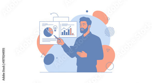 Man presenting business charts and graphs on a screen, data analysis concept