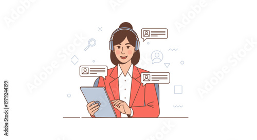 Customer service operator with headphones and tablet, online communication concept